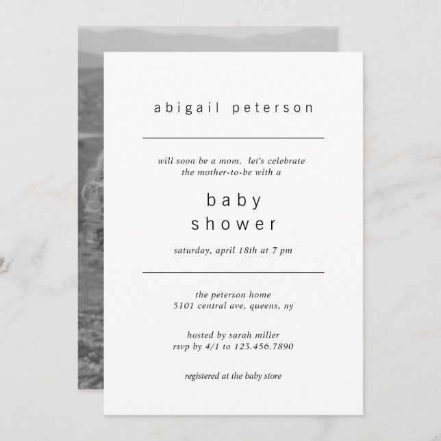 Invitación Baby Shower de fotografía neutral de género minima (Anverso / Reverso)