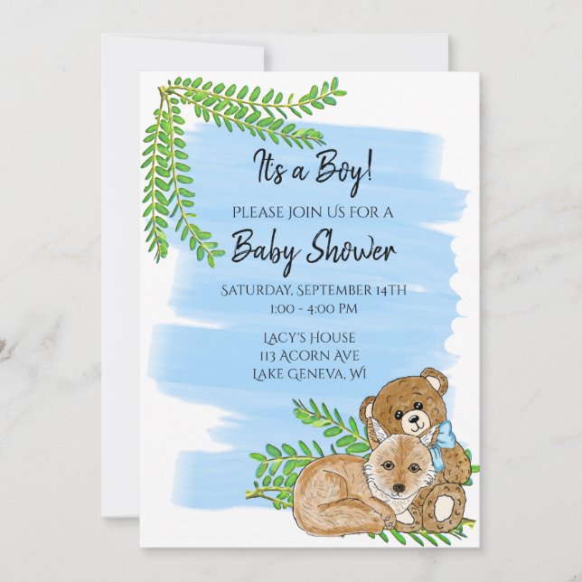 Invitación Baby Shower de Fox y Teddy Bear and Greenery Boy (Anverso)