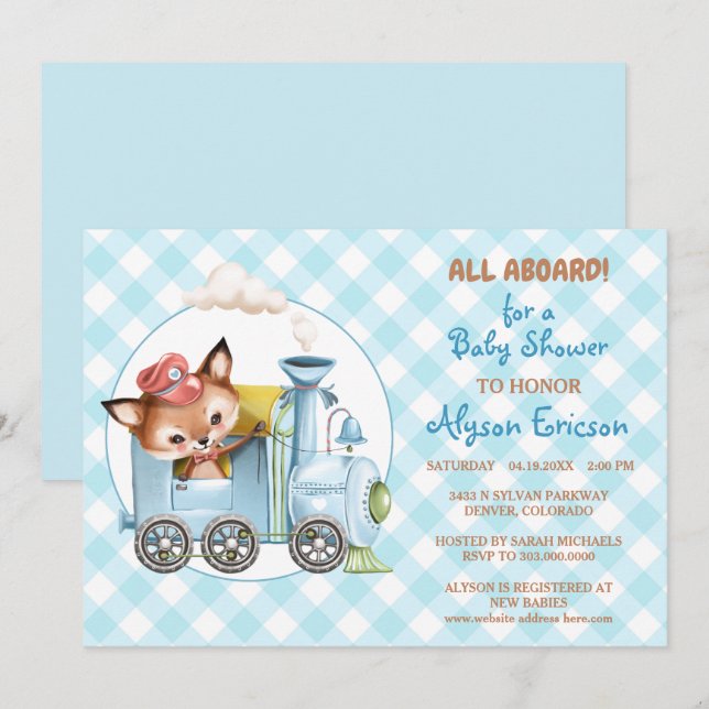 Invitación Baby Shower de Fox y Train Gingham Blue (Anverso / Reverso)