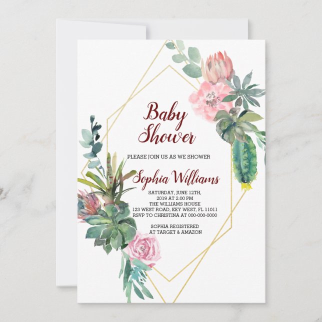 Invitación Baby Shower de Frame Gold Boho Cactus (Anverso)