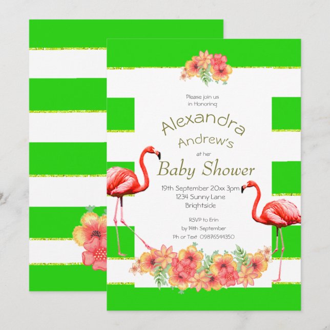 Invitación Baby Shower de franja verde tropical sin género (Anverso / Reverso)