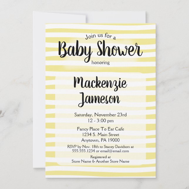 Invitación Baby Shower de franjas blancas amarilla (Anverso)