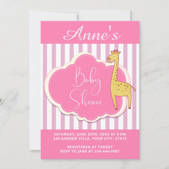 Invitación Baby Shower de franjas blancas rosadas  (Anverso)