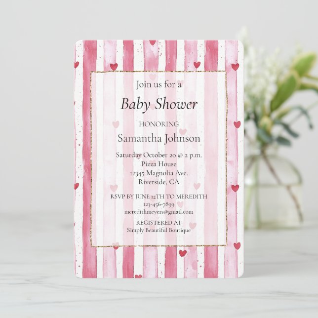 Invitación Baby Shower de franjas de corazón rosado blanco (Anverso de pie)