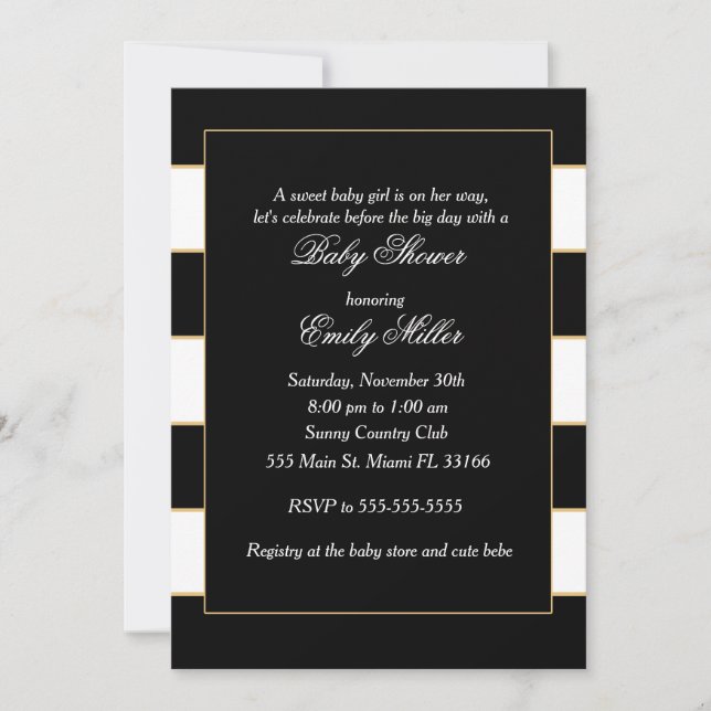 Invitación Baby Shower de franjas de oro blanco ne (Anverso)