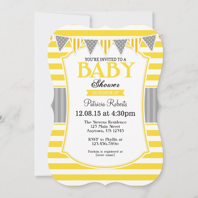 Invitación Baby Shower de franjas grises amarillas (Anverso)
