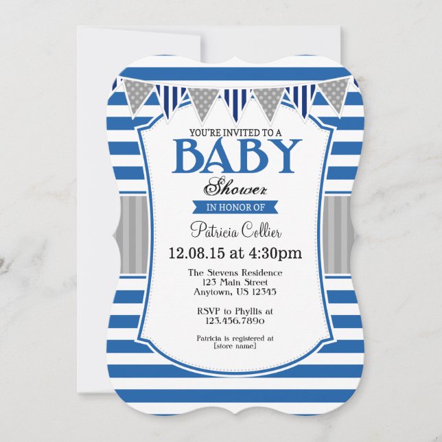 Invitación Baby Shower de franjas grises azules (Anverso)