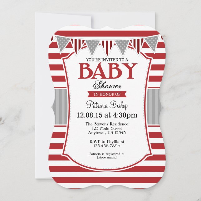 Invitación Baby Shower de franjas grises rojas (Anverso)