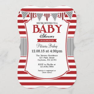 Invitación Baby Shower de franjas grises rojas