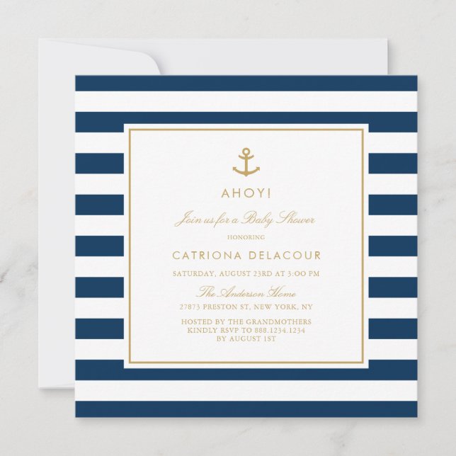 Invitación Baby Shower de franjas náuticas azul y oro (Anverso)