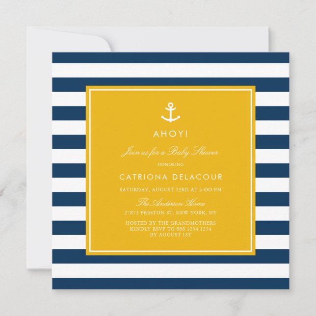 Invitación Baby Shower de franjas náuticas azules y amarillas (Anverso)