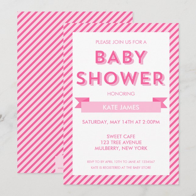 Invitación Baby Shower de franjas rosadas modernas (Anverso / Reverso)
