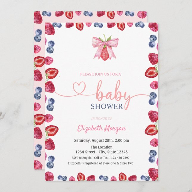 Invitación Baby Shower de fresa de color azul (Anverso / Reverso)