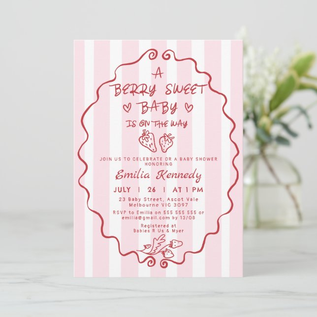 Invitación Baby Shower de fresa de rayas rojas de mano (Anverso de pie)