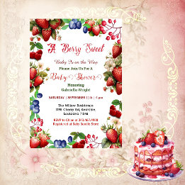 Invitación Baby Shower de fresa roja | Blue Berry Sweet Cute