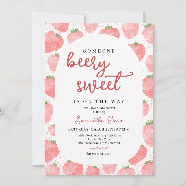 Invitación Baby Shower de fresa rosa (Anverso)