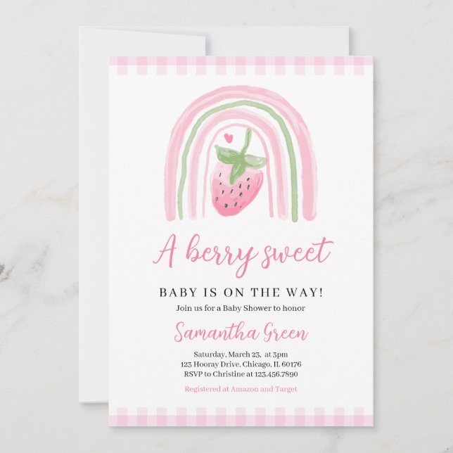 Invitación Baby Shower de fresa rosa (Anverso)