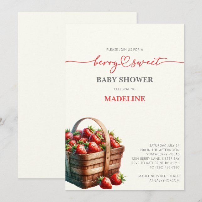 Invitación Baby Shower de fresas (Anverso / Reverso)