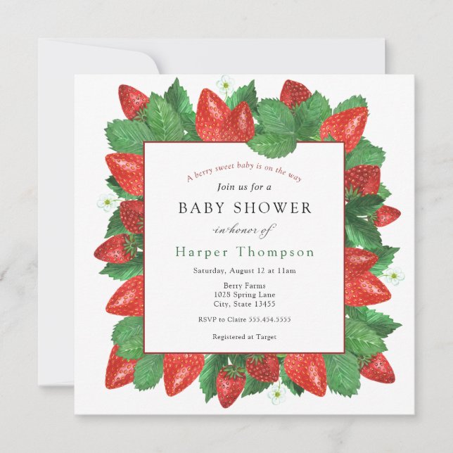 Invitación Baby Shower de fresas y vegetación (Anverso)