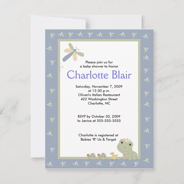 Invitación Baby Shower de Froggy Tales Blue Border (Anverso)