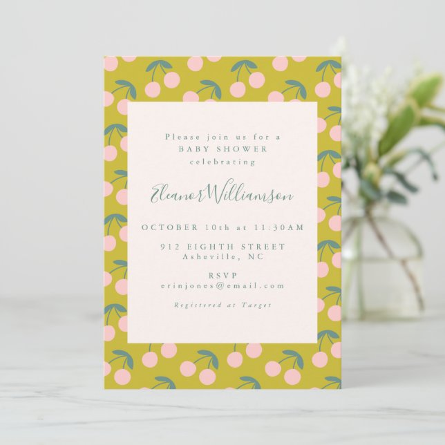 Invitación Baby Shower de fruta de cerezo rosa y verde (Anverso de pie)