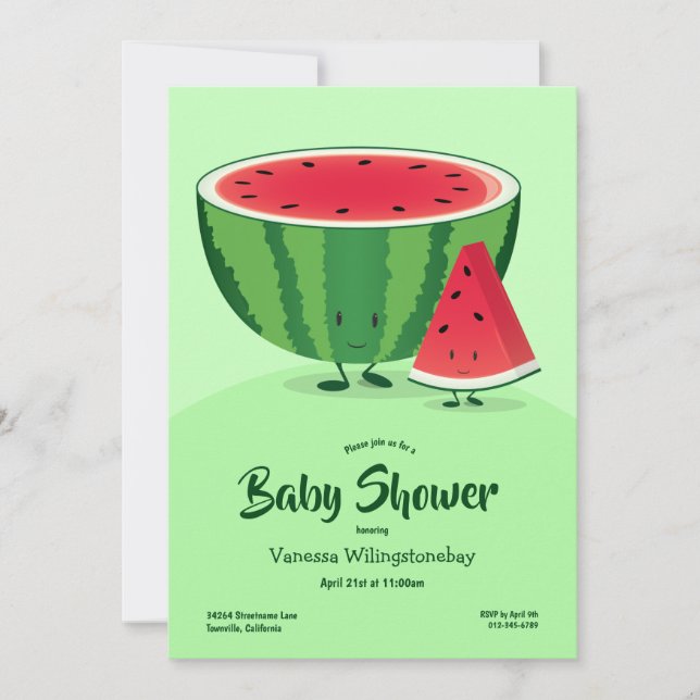 Invitación Baby Shower de fruta de la sandía verde sonriente (Anverso)