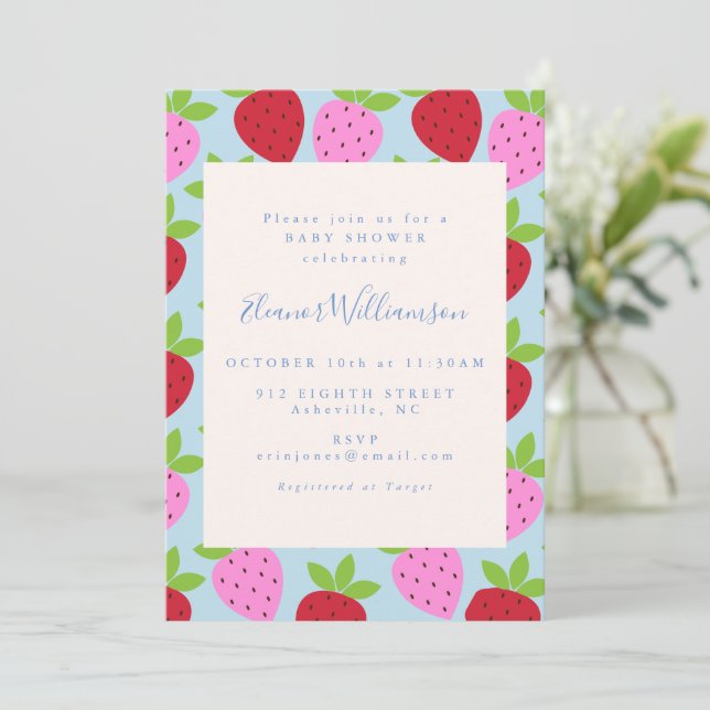 Invitación Baby Shower de frutas de fresa rosa y azul (Anverso de pie)