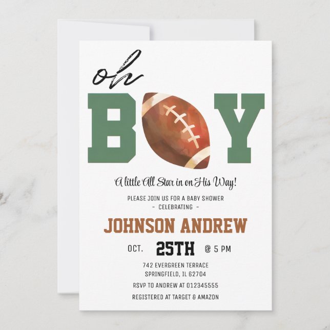 Invitación Baby Shower de fútbol americano (Anverso)