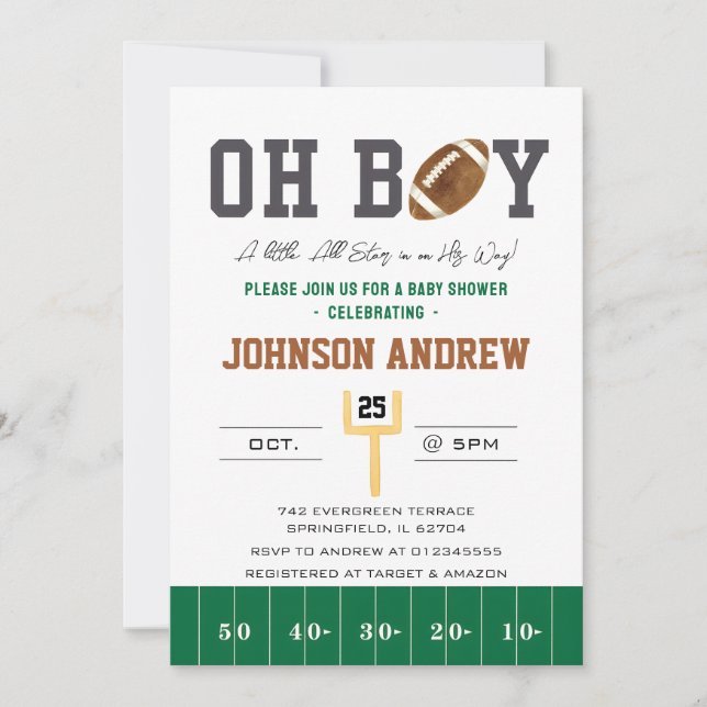 Invitación Baby Shower de fútbol americano personal (Anverso)