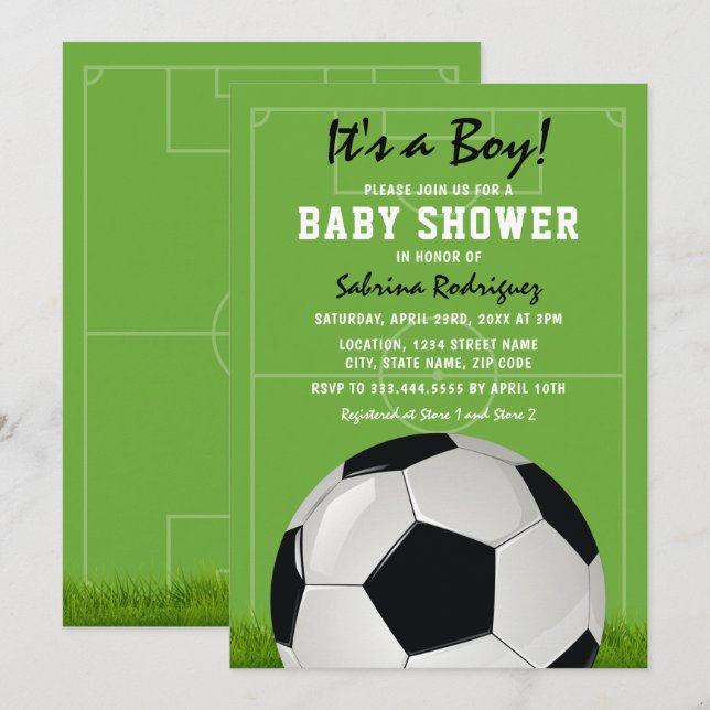 Invitación Baby Shower de fútbol | Es un niño (Anverso / Reverso)