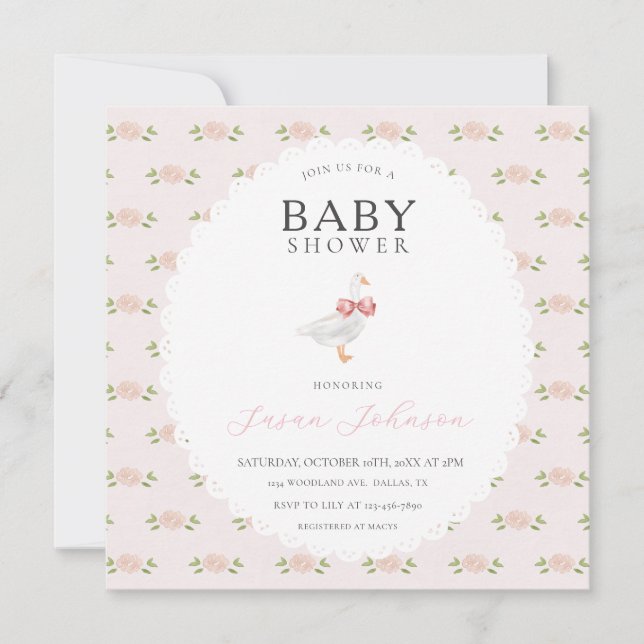 Invitación Baby Shower de ganso blanco floral rosado de Rubor (Anverso)