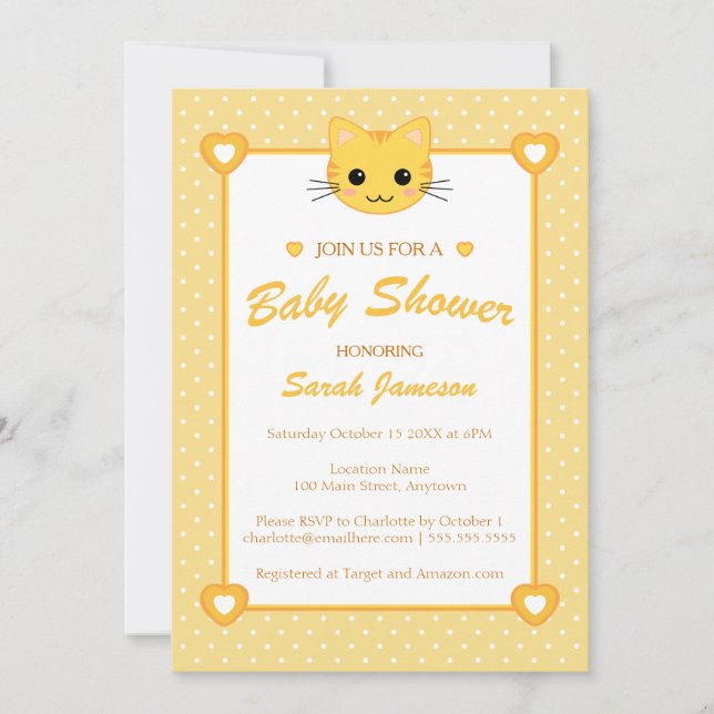 Invitación Baby Shower de gato blanco neutro Naranja amarillo (Anverso)