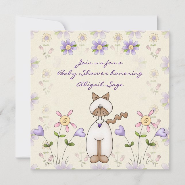 Invitación Baby Shower de gatos y flores (Anverso)