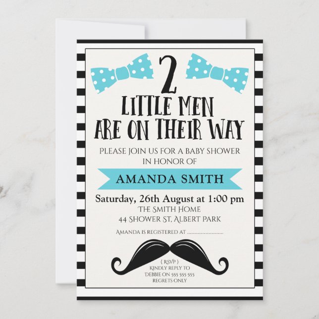 Invitación Baby Shower de gemelos bigote (Anverso)
