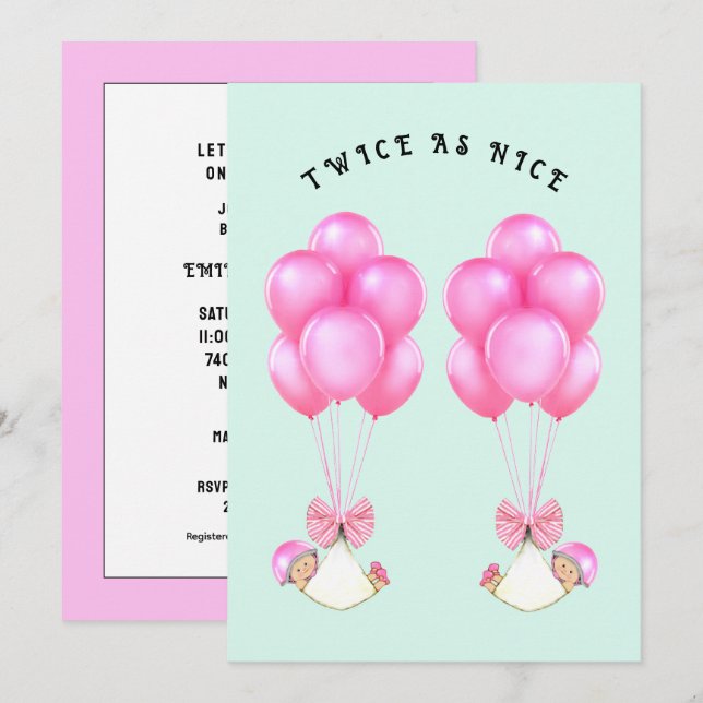 Invitación Baby Shower de gemelos chicas (Anverso / Reverso)