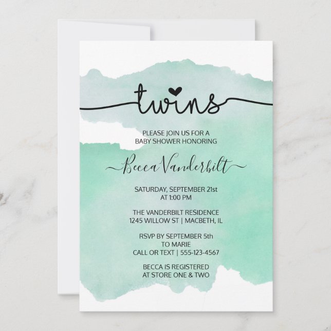Invitación Baby Shower de gemelos de color agua verde (Anverso)