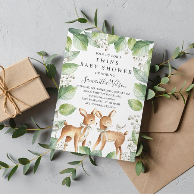 Invitación Baby Shower de gemelos de venados de Woodland neut (Subido por el creador)