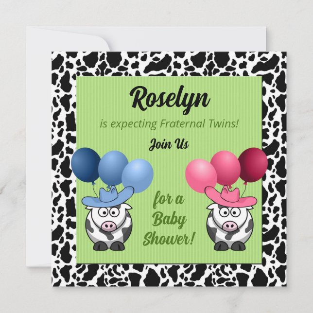 Invitación Baby Shower de gemelos fraternales verdes (Anverso)