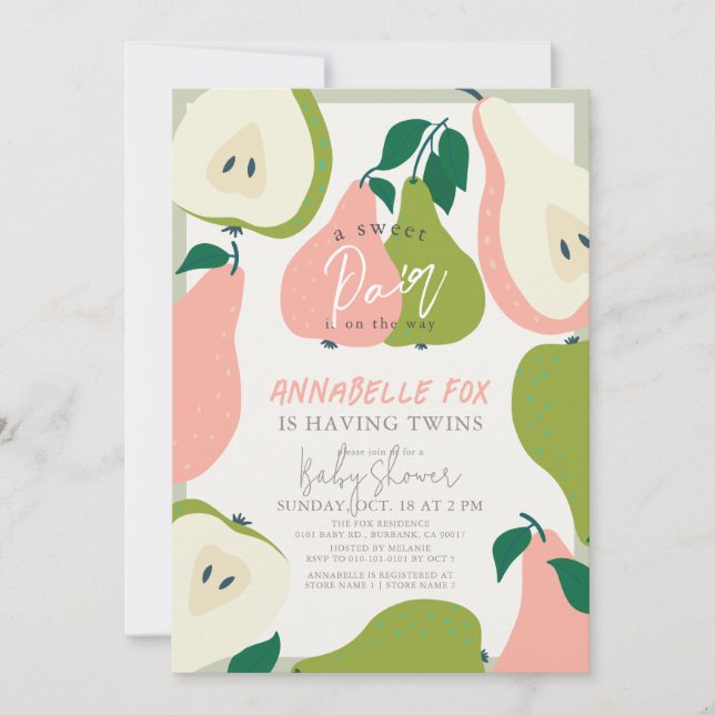 Invitación Baby Shower de gemelos rosados y verdes (Anverso)