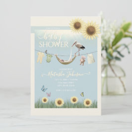 Invitación Baby Shower de género neutral con cigüeña y giraso
