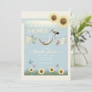 Invitación Baby Shower de género neutral con cigüeña y giraso