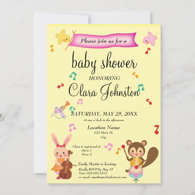 Invitación Baby Shower de género Neutral Musical Animals (Anverso)