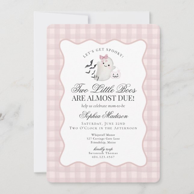 Invitación Baby Shower de Ghost Twins de Gingham Preppy Pink (Anverso)
