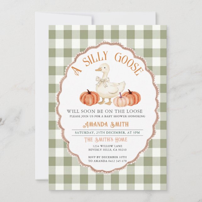 Invitación Baby Shower de Gingham Green Fall Silly Goose (Anverso)