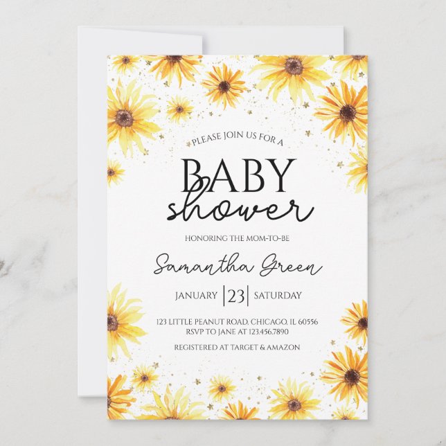 Invitación Baby Shower de girasol (Anverso)