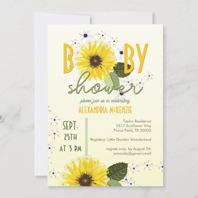Invitación Baby Shower de girasol (Anverso)