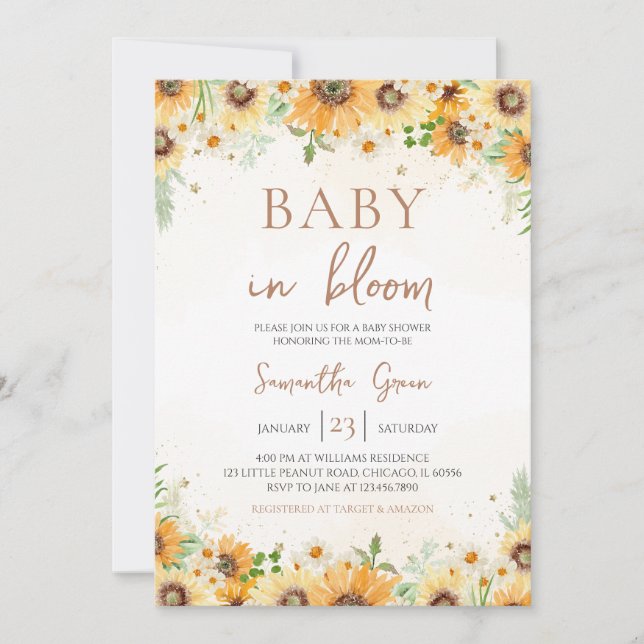Invitación Baby Shower de girasol (Anverso)
