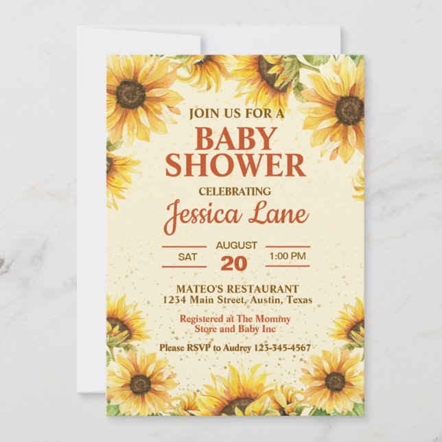 Invitación Baby Shower de girasol amarillo y marrón ruso (Anverso)