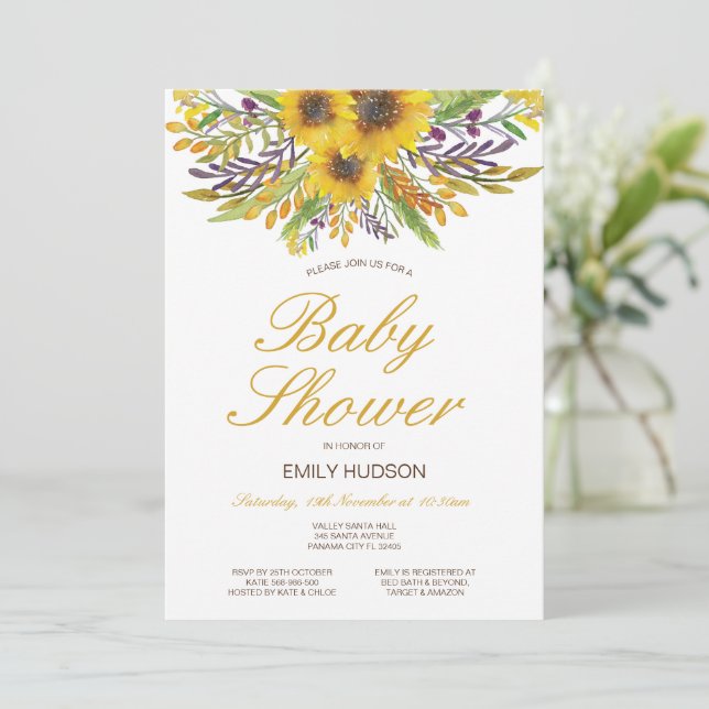 Invitación Baby Shower de girasol editable, Fiesta (Anverso de pie)
