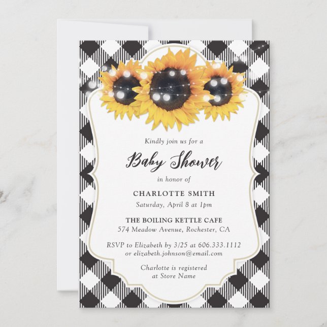 Invitación Baby Shower de girasol negro y blanco (Anverso)